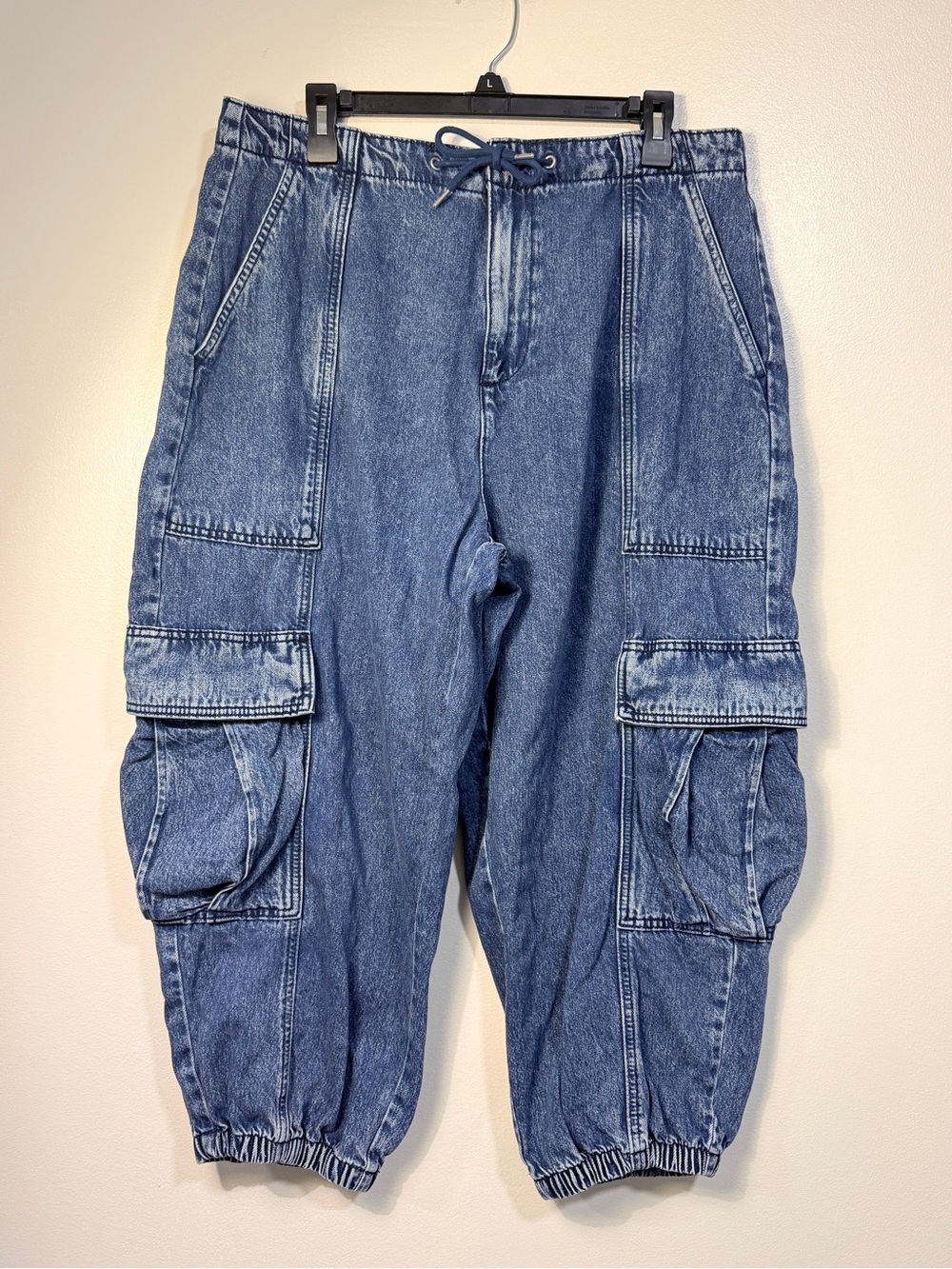 Woman’s Barrel Leg Cargo Denim Joggers Y2K Style Grunge Size Large Streetwear